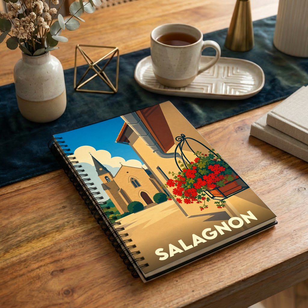 Carnet souvenir de la ville de Salagnon avec une illustration stylisée d'une église et de fleurs.