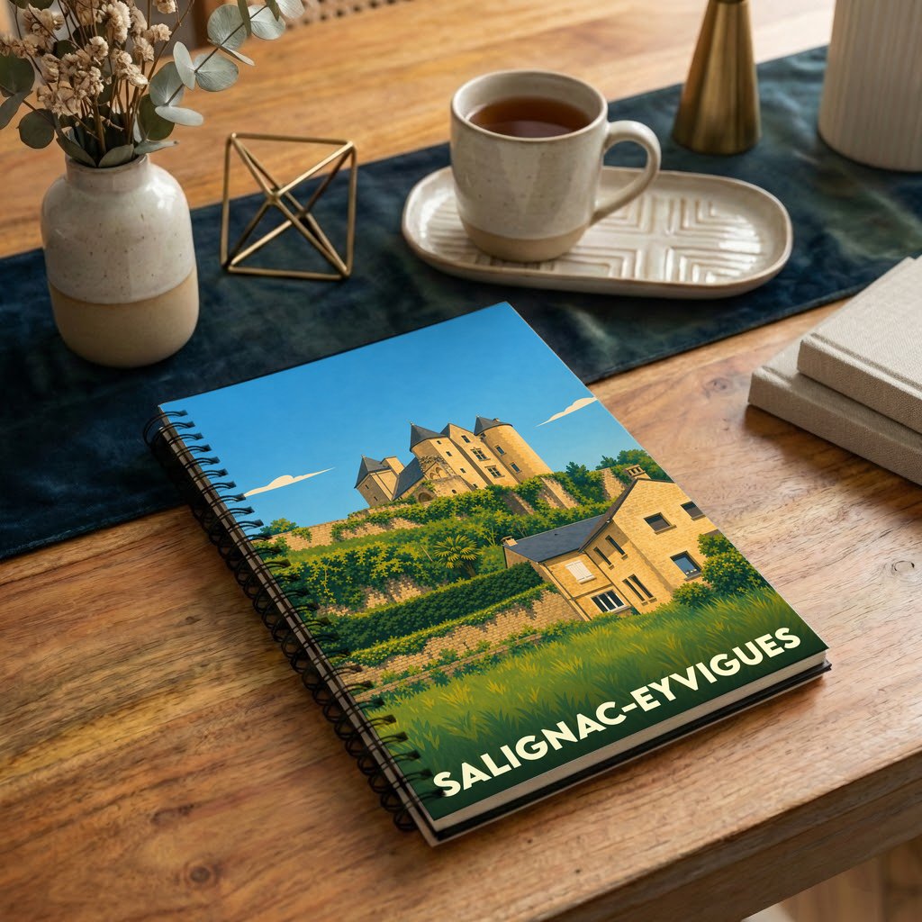 Carnet souvenir de la ville de Salignac-Eyvigues avec une illustration stylisée d'un château sur une colline.