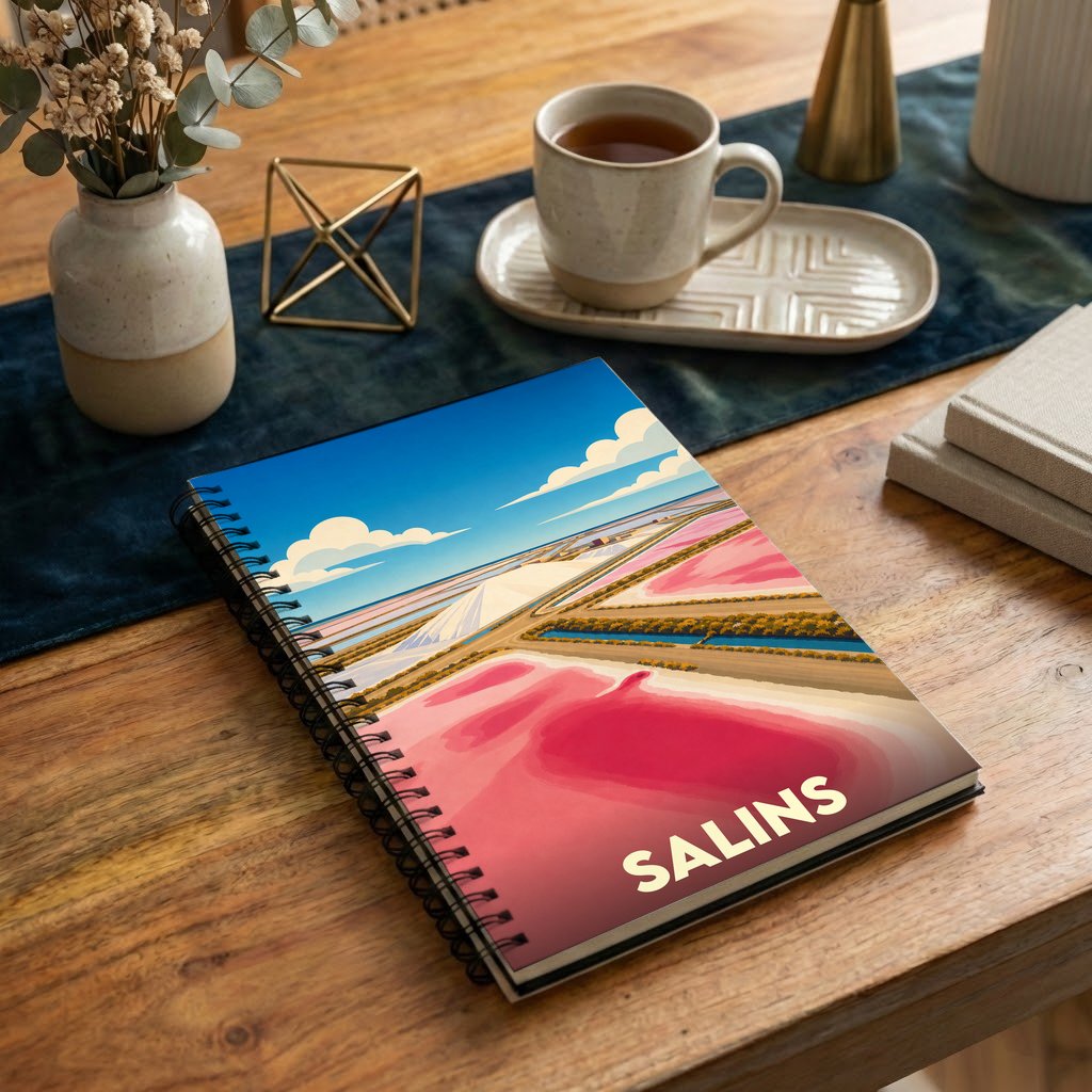 Carnet à spirales souvenir de la ville de Salins avec une illustration stylisée de marais salants.