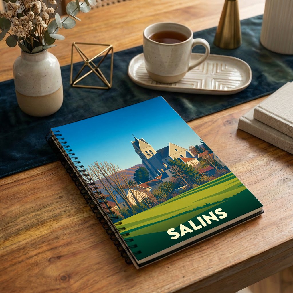 Carnet de notes souvenir de la ville de Salins avec une illustration stylisée d'un paysage urbain dominé par un clocher.