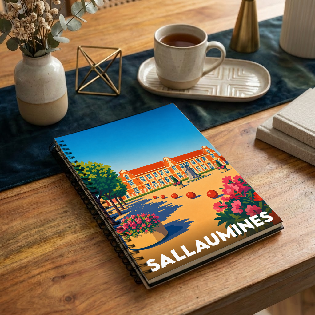 Carnet à spirales souvenir de la ville de Sallaumines avec une illustration stylisée de son hôtel de ville.