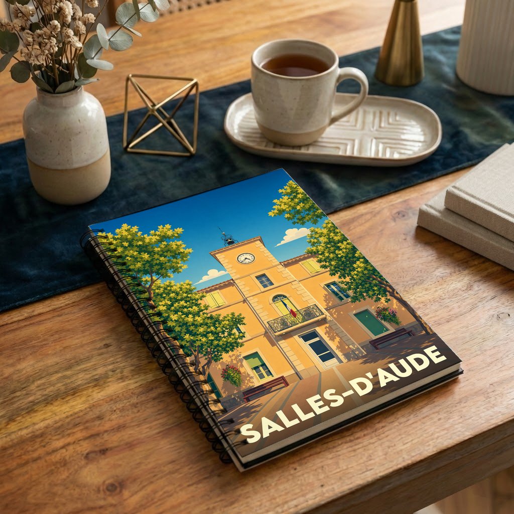 Carnet à spirales souvenir de la ville de Salles-d'Aude illustré d'une vue stylisée de la mairie.