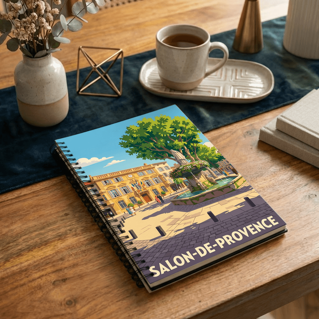 Carnet à spirales souvenir de la ville de Salon-de-Provence avec une illustration stylisée d'une place ensoleillée.