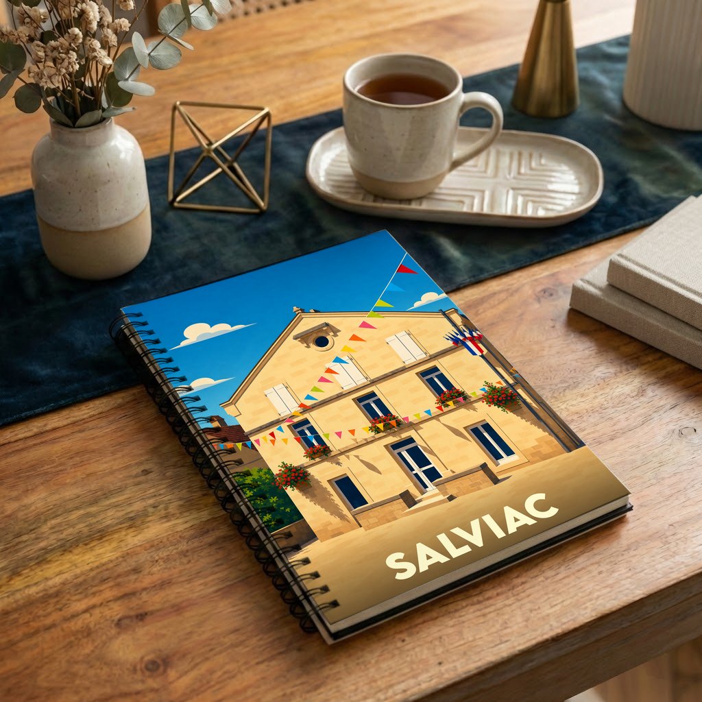 Carnet de notes souvenir de la ville de Salviac avec une illustration stylisée et colorée.