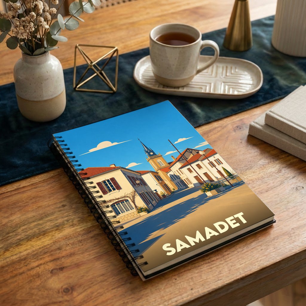 Carnet à spirales souvenir de la ville de Samadet avec une illustration stylisée.