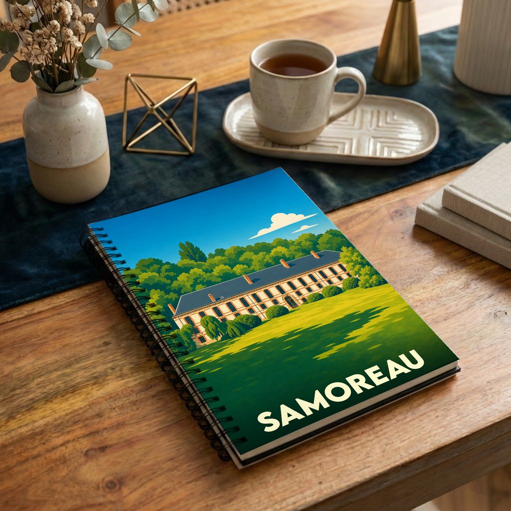 Carnet de notes à spirales souvenir de la ville de Samoreau avec une illustration stylisée d'un domaine arboré.