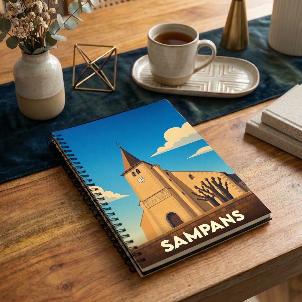 Carnet à spirale souvenir de la ville de Sampans avec une illustration stylisée de son église.
