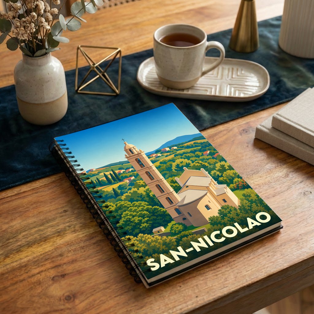 Carnet à spirales souvenir de la ville de San-Nicolao avec une illustration stylisée de son église et de ses paysages.