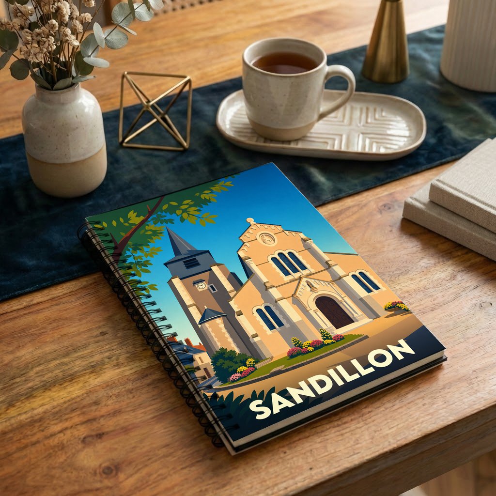 Carnet à spirales souvenir de la ville de Sandillon avec une illustration stylisée de son église.
