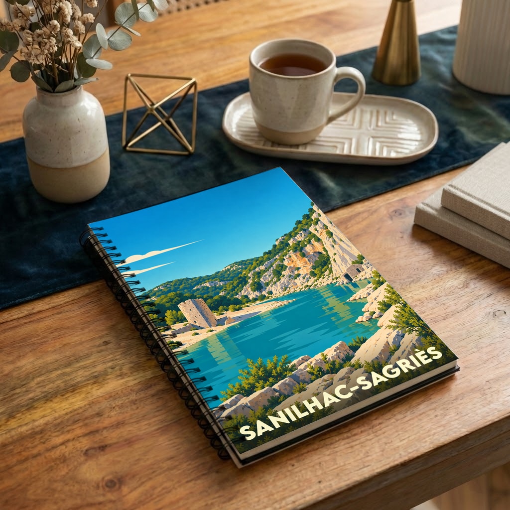 Carnet à spirales souvenir de Sanilhac-Sagriès avec une illustration stylisée d'un paysage côtier.