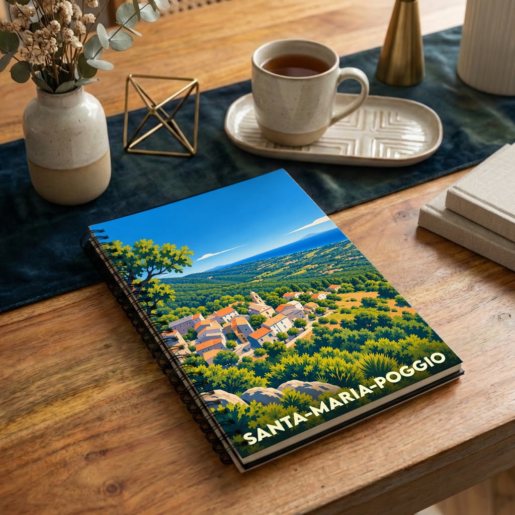 Carnet à spirales souvenir de la ville de Santa-Maria-Poggio avec une illustration paysagère stylisée.