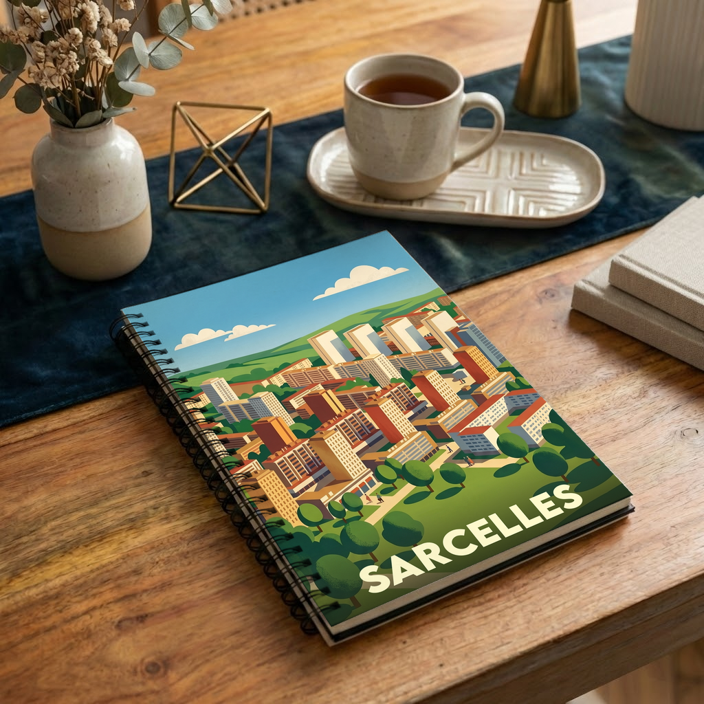 Carnet souvenir de la ville de Sarcelles avec une illustration urbaine stylisée et colorée.