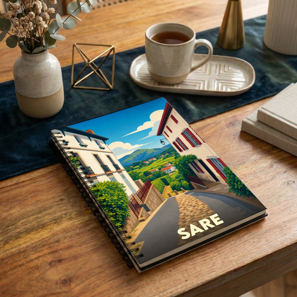Carnet de notes à spirales souvenir de la ville de Sare avec une illustration colorée et stylisée de ses ruelles.