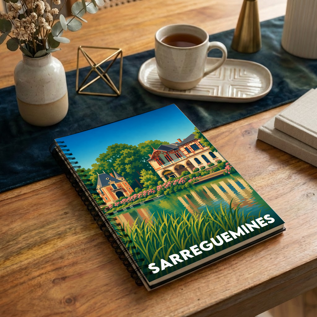 Carnet souvenir de la ville de Sarreguemines avec une illustration stylisée.