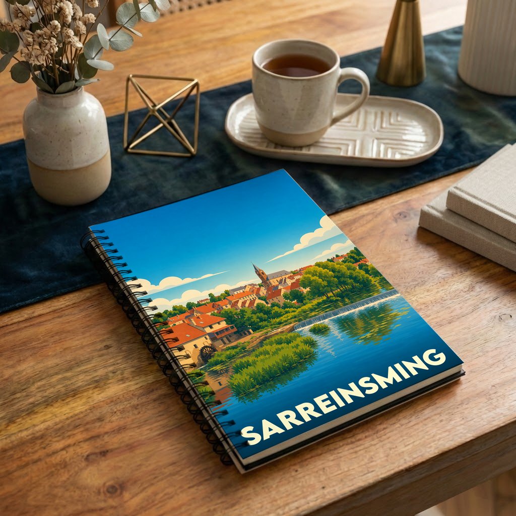 Carnet souvenir de la ville de Sarreinsming avec une illustration stylisée.