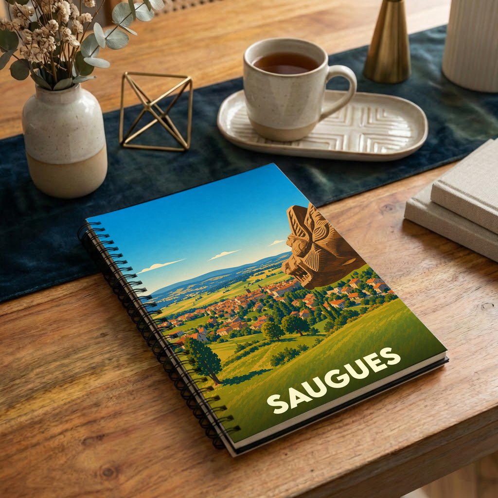 Carnet à spirales souvenir de la ville de Saugues avec une illustration stylisée de son paysage et de la bête du Gévaudan.