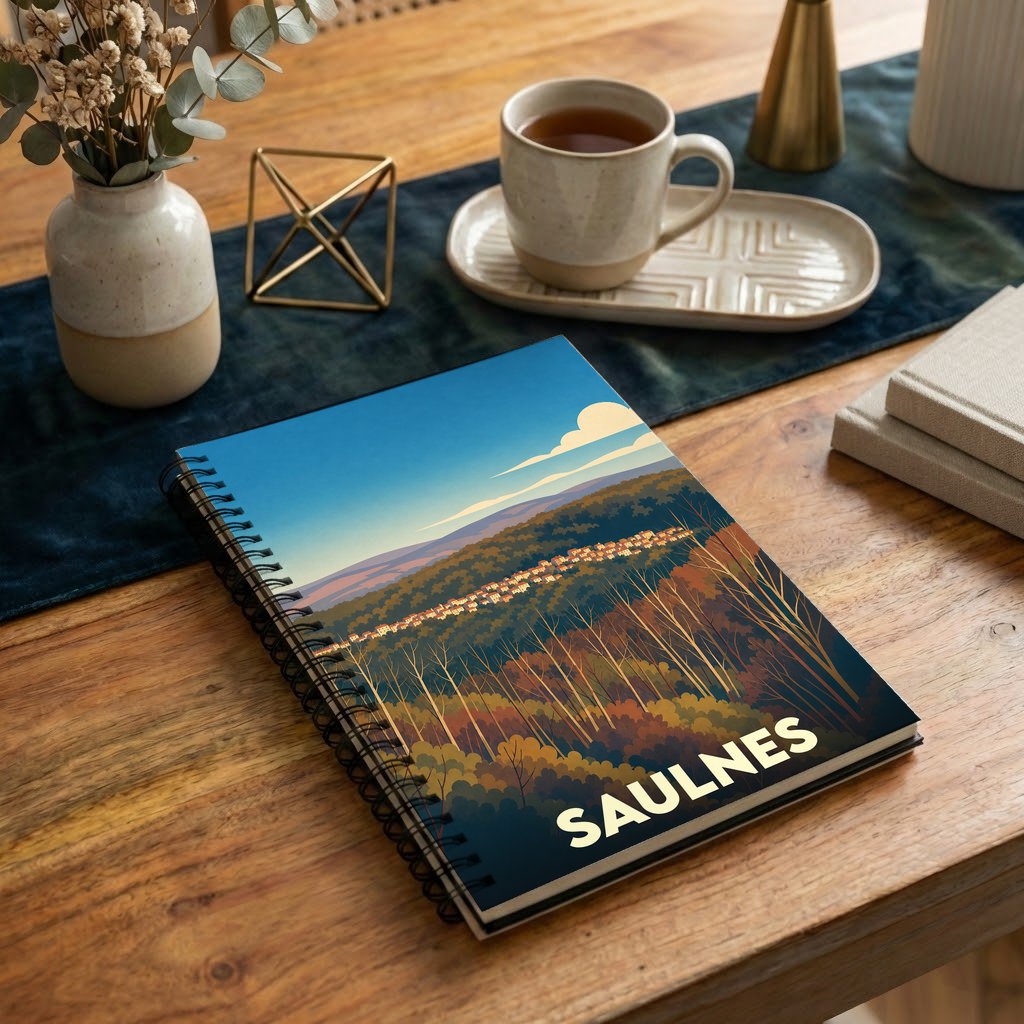 Carnet à spirales souvenir de la ville de Saulnes illustré par un paysage boisé stylisé.
