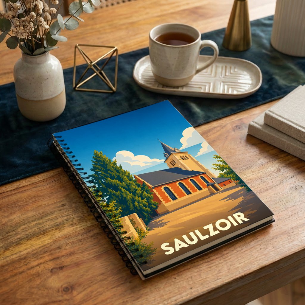 Carnet souvenir de la ville de Saulzoir avec une illustration stylisée de son église.