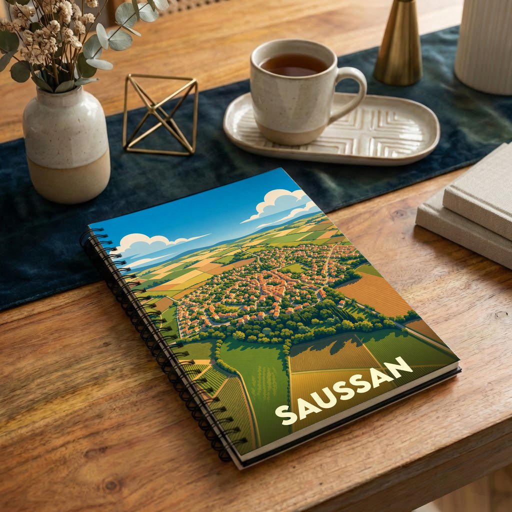 Carnet à spirale souvenir de la ville de Saussan avec une illustration stylisée vue du ciel.
