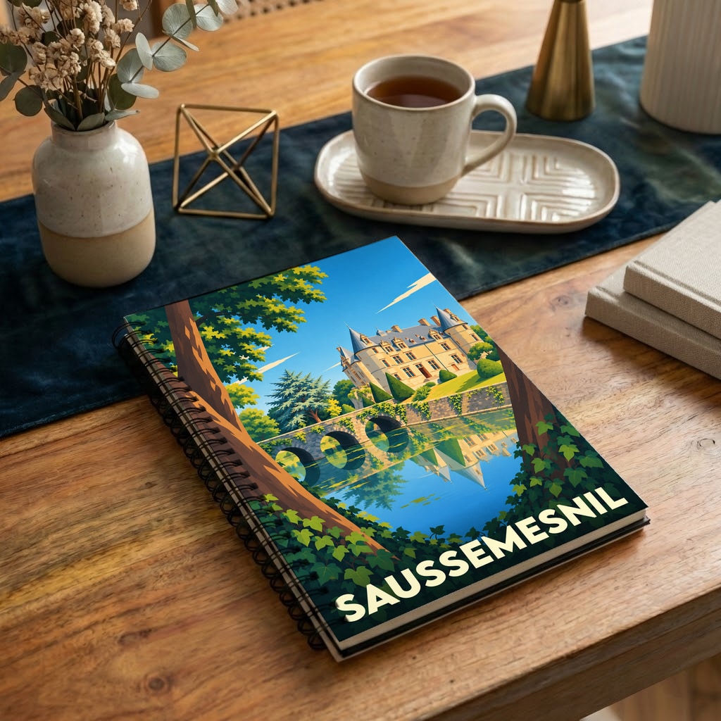 Carnet souvenir de la ville de Saussemesnil avec une illustration stylisée d'un château et son reflet dans l'eau.