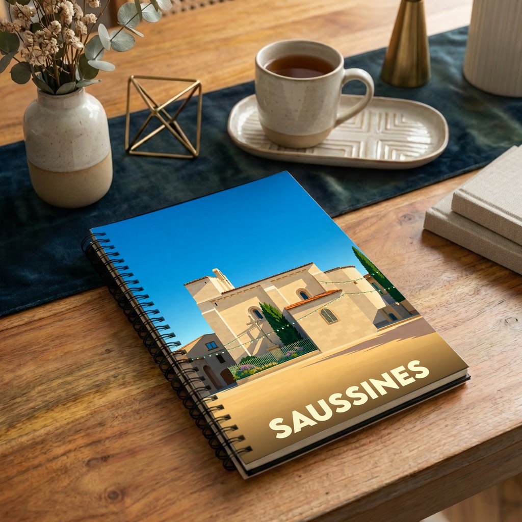 Carnet à spirales souvenir de la ville de Saussines avec une illustration stylisée de son église romane.