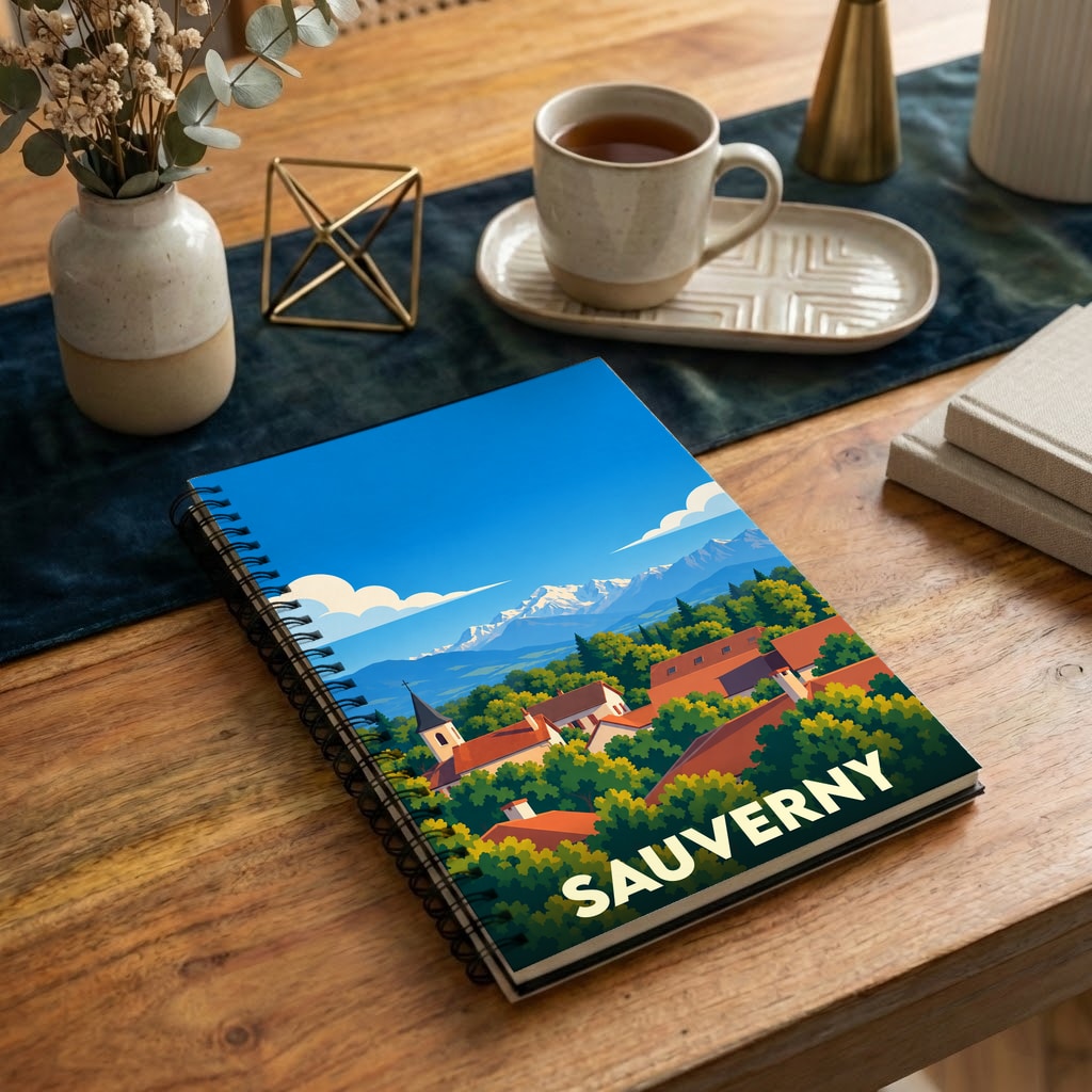 Carnet à spirales souvenir de la ville de Sauverny avec une illustration stylisée de ses paysages.