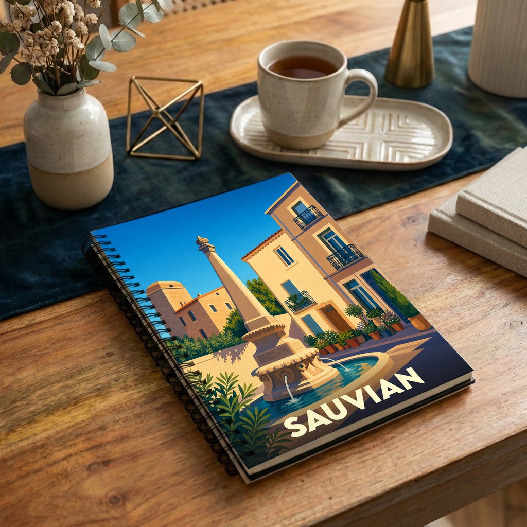 Carnet souvenir de la ville de Sauvian avec une illustration stylisée d'une place ensoleillée.