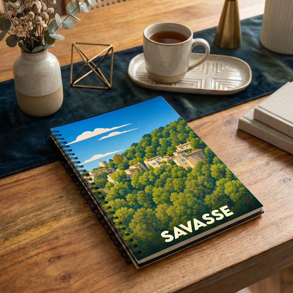 Carnet souvenir de la ville de Savasse avec une illustration stylisée d'un village perché dans la forêt.