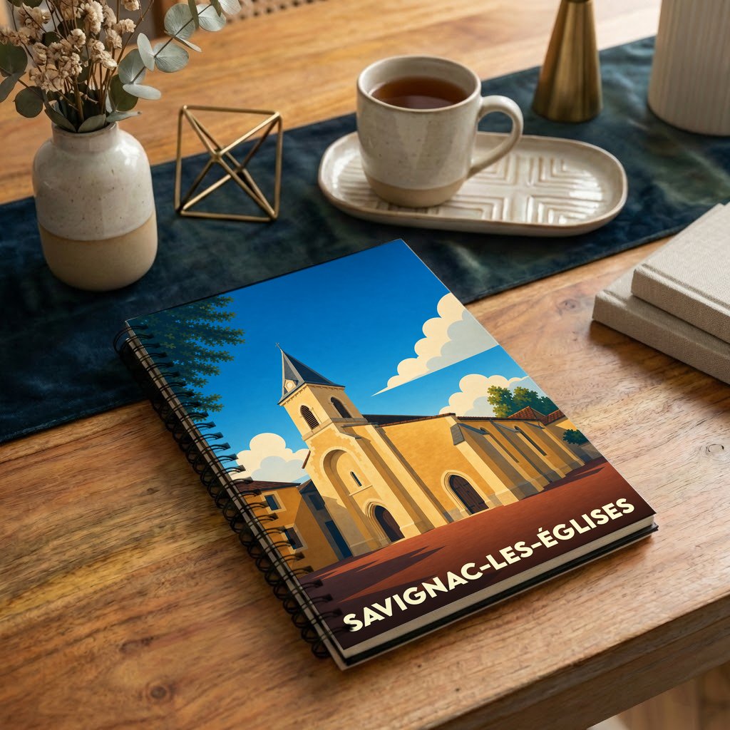 Carnet souvenir de la ville de Savignac-les-Églises avec une illustration stylisée de son église.