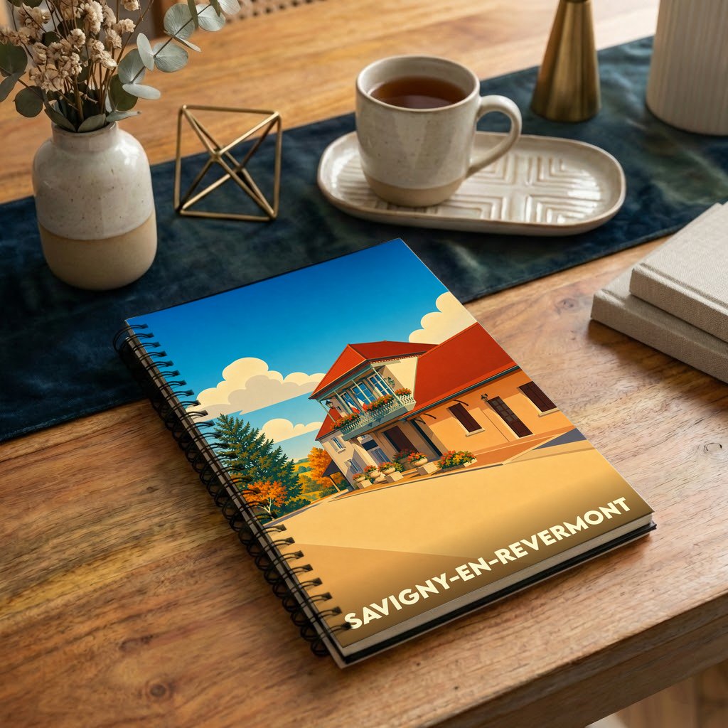 Carnet souvenir de la ville de Savigny-en-Revermont avec une illustration stylisée d'une maison régionale.