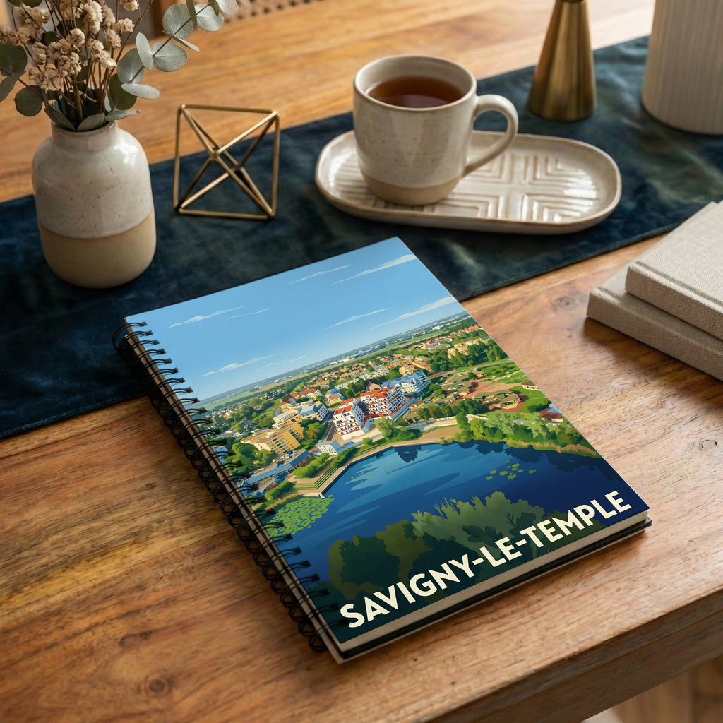 Carnet souvenir de la ville de Savigny-le-Temple avec une illustration stylisée.