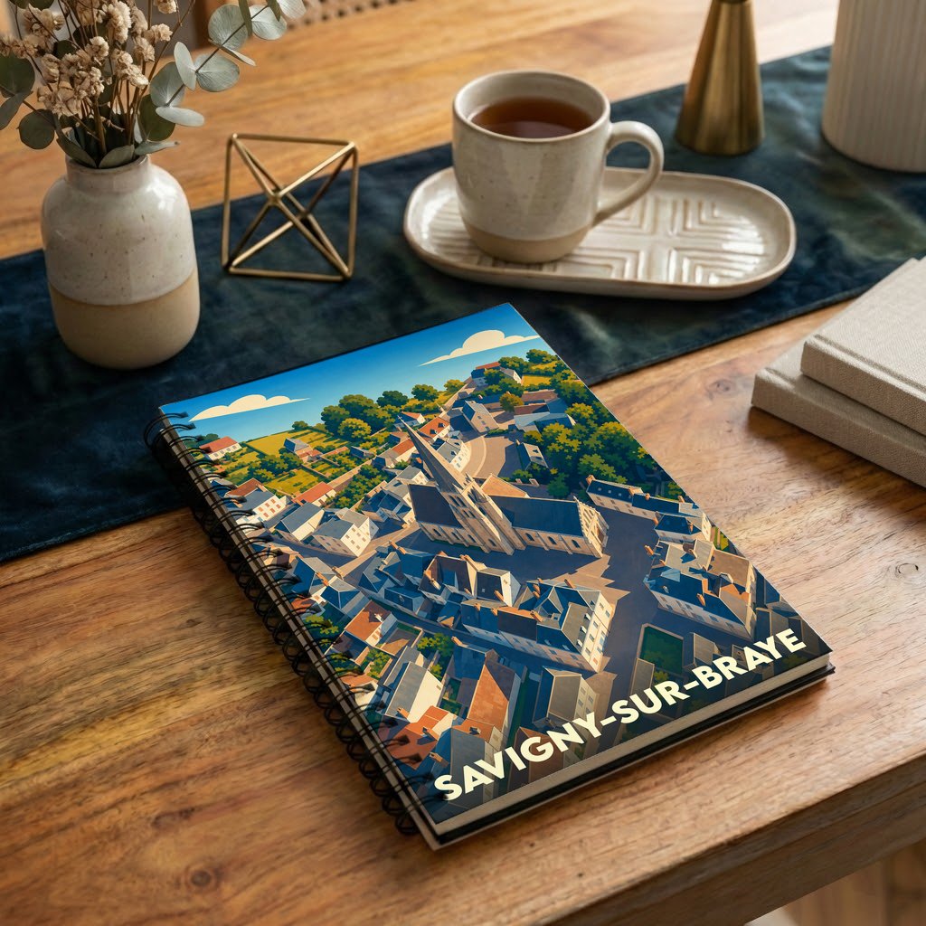 Carnet de notes souvenir de la ville de Savigny-sur-Braye avec une illustration aérienne stylisée.