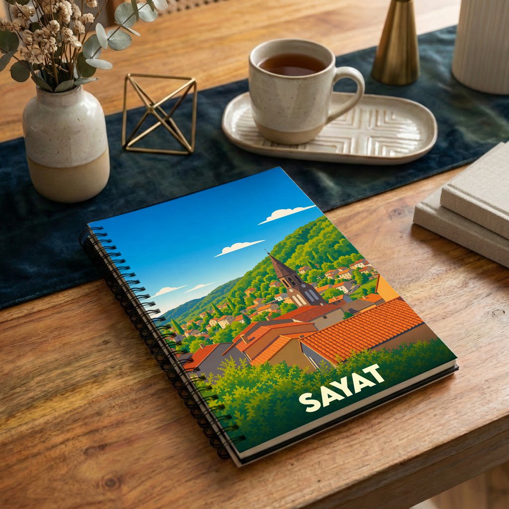 Carnet souvenir de la ville de Sayat avec une illustration stylisée de ses toits et son église.