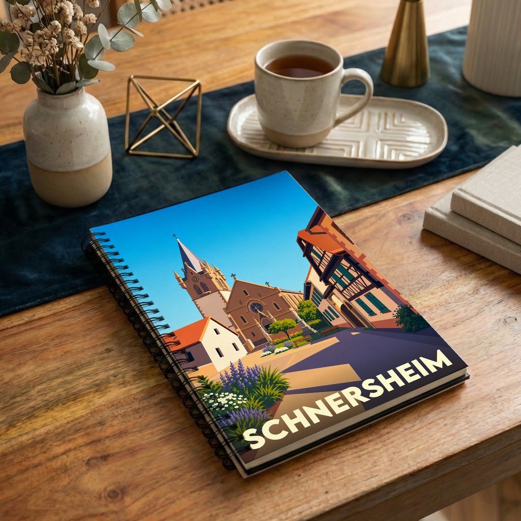 Carnet à spirales souvenir de la ville de Schnersheim avec une illustration stylisée.