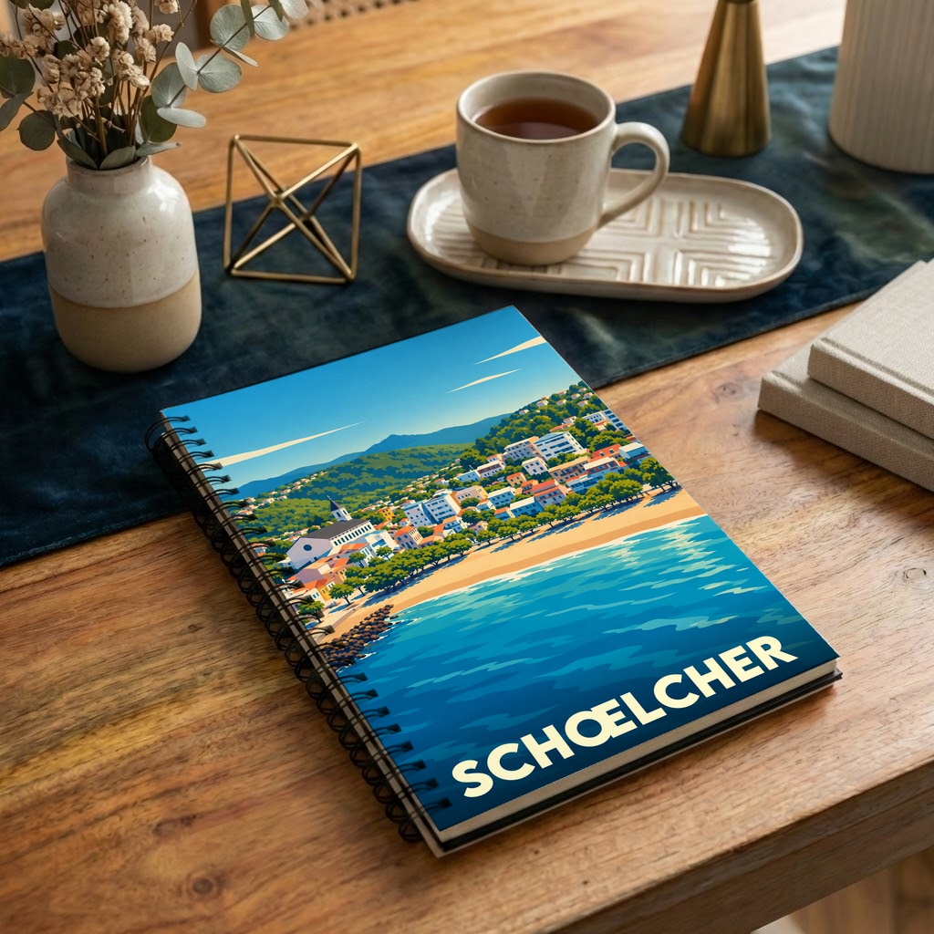 Carnet à spirales souvenir de la ville de Schœlcher avec une illustration stylisée de son front de mer.