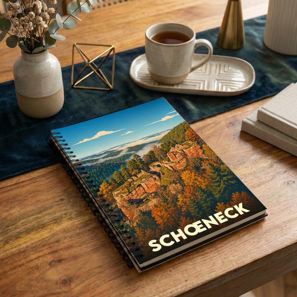Carnet de notes à spirales souvenir de Schœneck avec une illustration stylisée de ses ruines et paysages boisés.