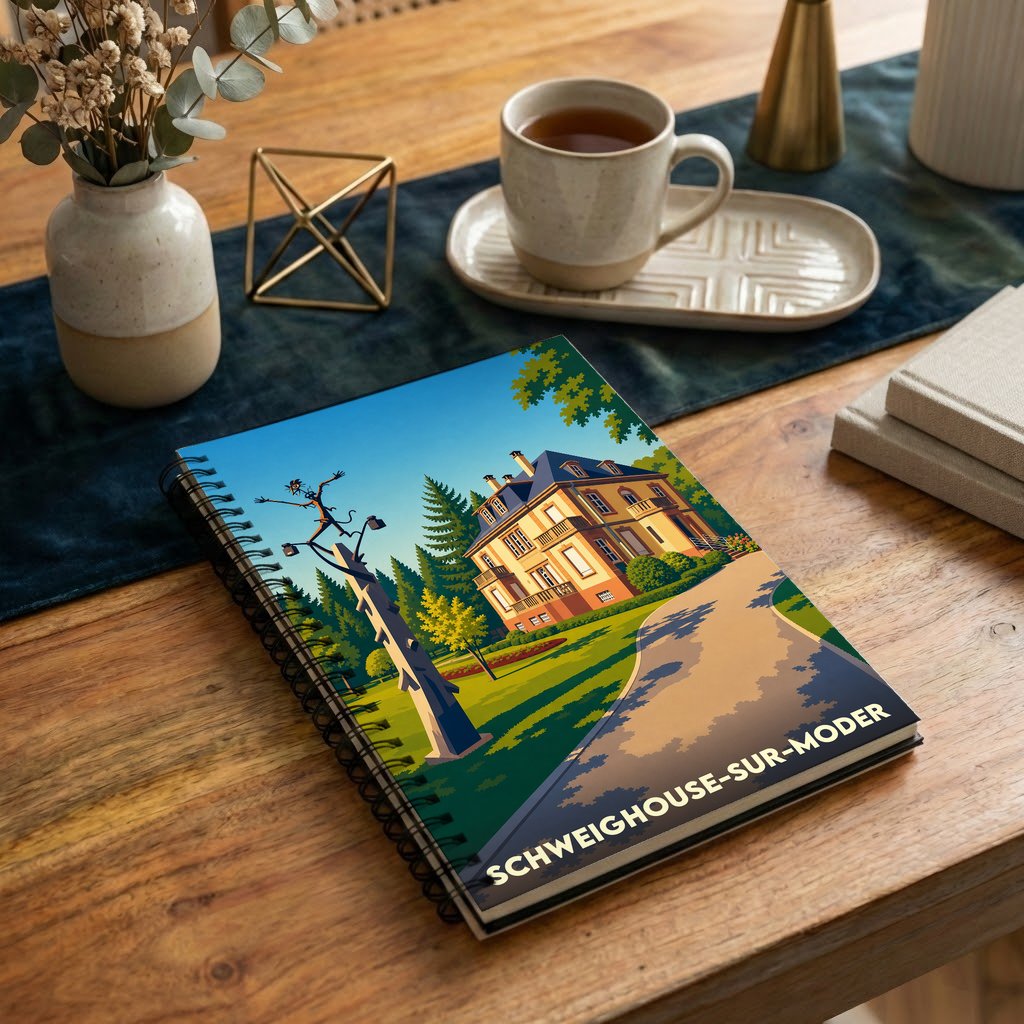 Carnet souvenir de la ville de Schweighouse-sur-Moder avec une illustration stylisée.