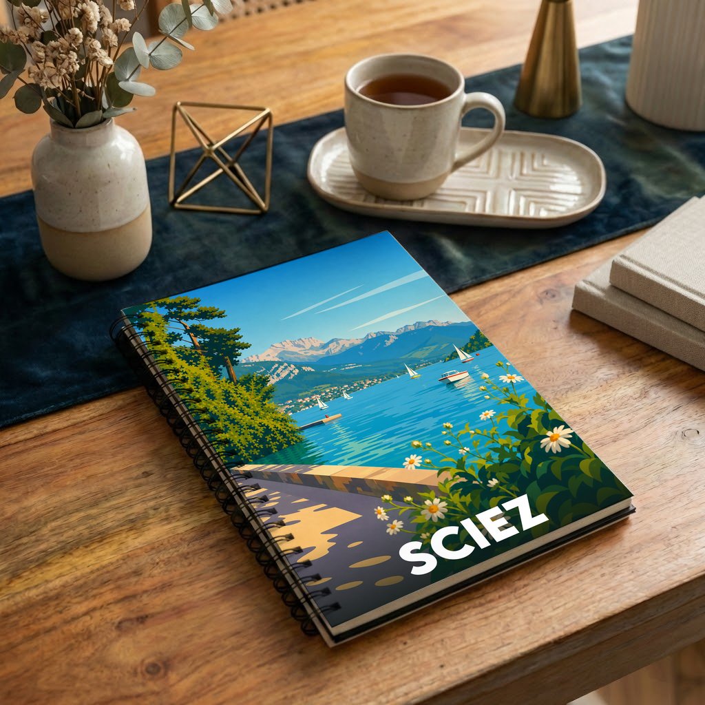 Carnet souvenir de la ville de Sciez avec une illustration stylisée de son lac et des montagnes.