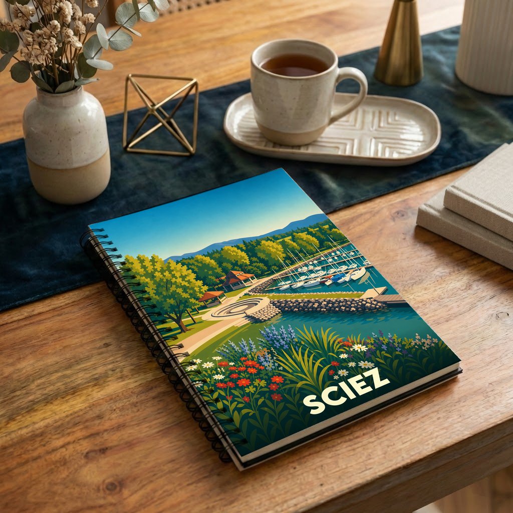 Carnet à spirales souvenir de la ville de Sciez avec une illustration stylisée de son port.