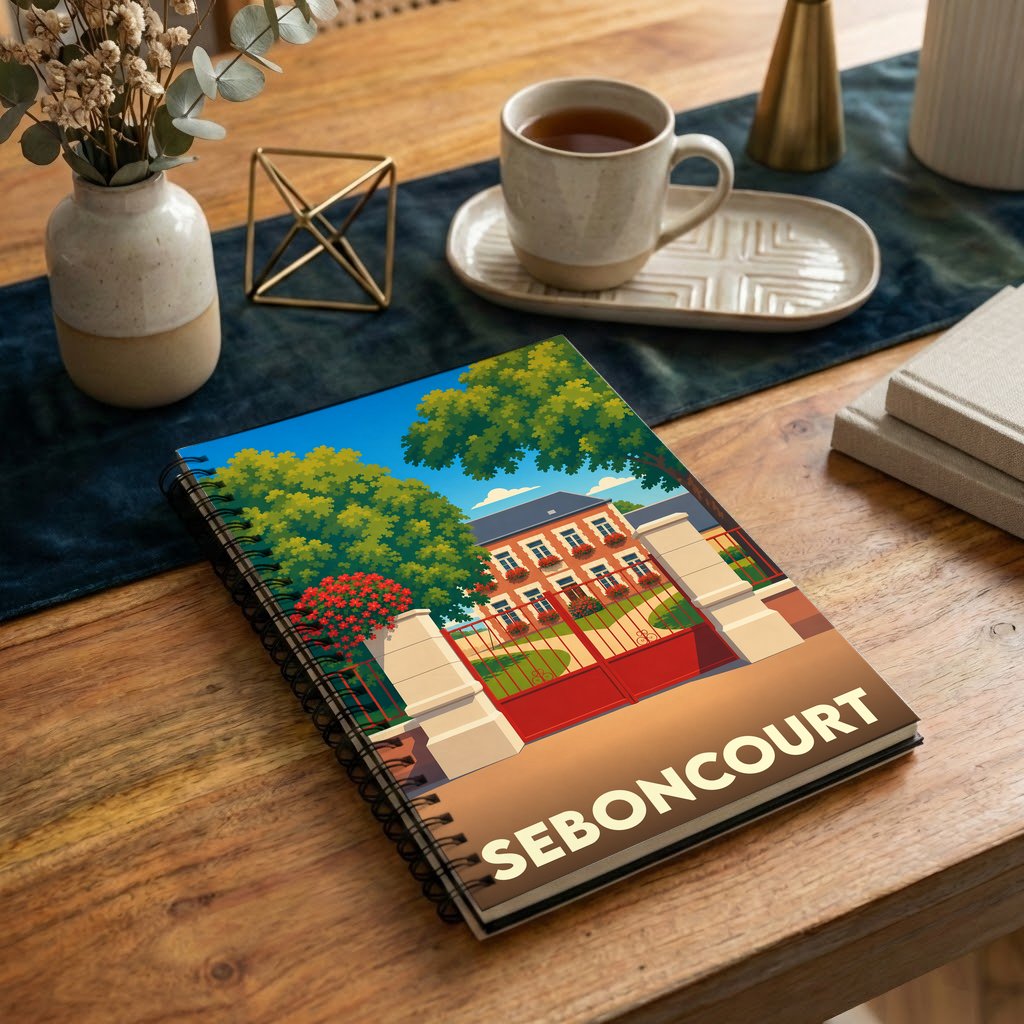 Carnet à spirales souvenir de la ville de Seboncourt illustré d'un manoir aux grilles rouges dans un style épuré.