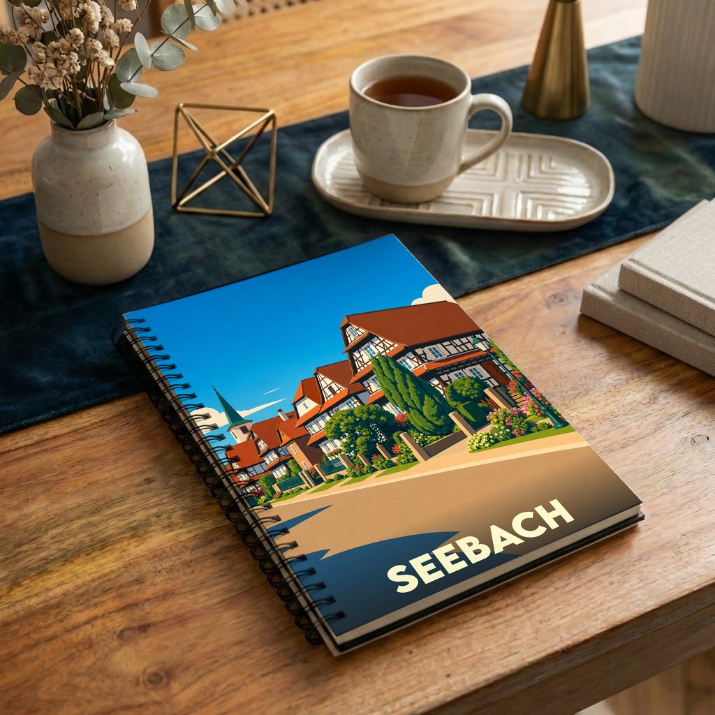 Carnet de notes à spirales souvenir de la ville de Seebach avec une illustration stylisée de maisons à colombages.