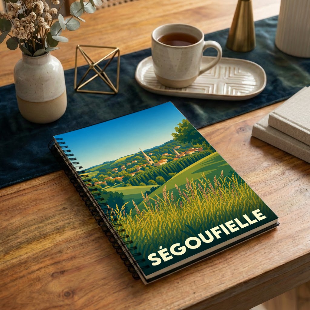 Carnet souvenir de la ville de Ségoufielle illustré par un paysage vallonné et coloré.