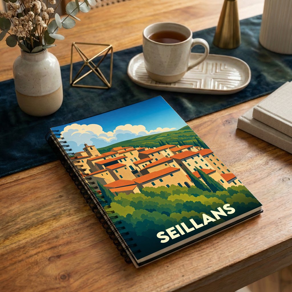 Carnet souvenir de la ville de Seillans avec une illustration stylisée d'un village provençal.