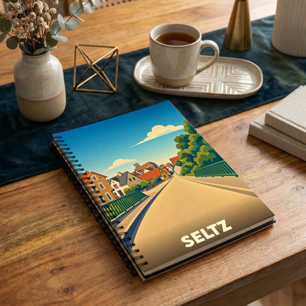 Carnet à spirales souvenir de la ville de Seltz avec une illustration stylisée.