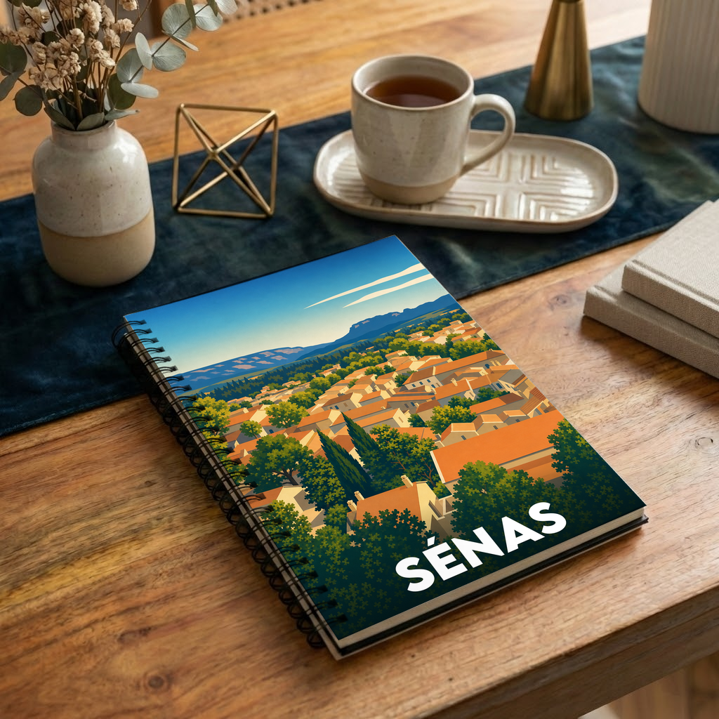 Carnet à spirales souvenir de la ville de Sénas avec une illustration stylisée de ses toits provençaux.