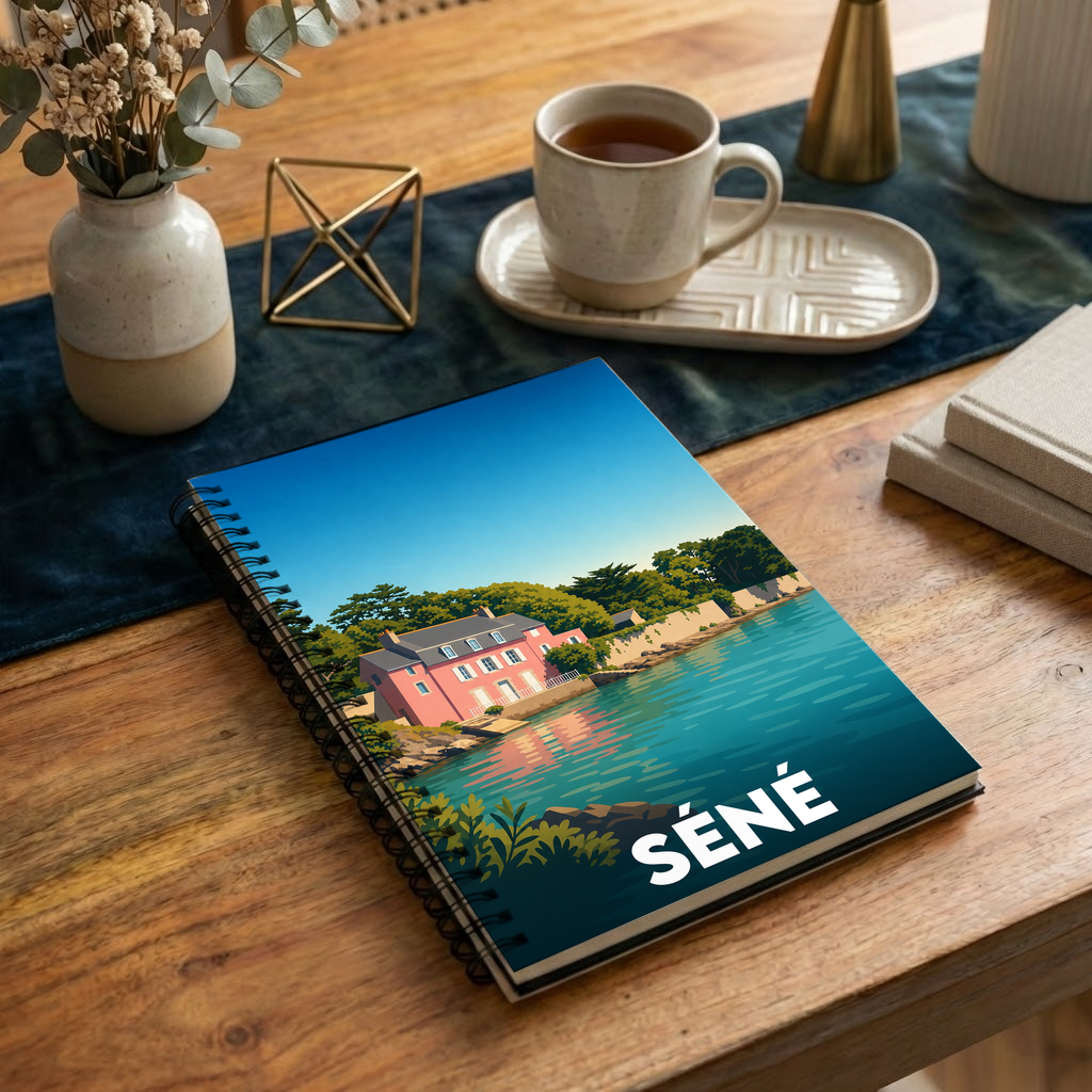 Carnet à spirales souvenir de la ville de Séné avec une illustration stylisée d'une maison rose en bord de mer.