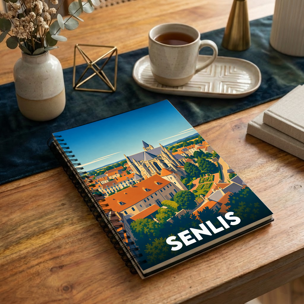 Carnet souvenir de la ville de Senlis avec une illustration stylisée de son paysage urbain.