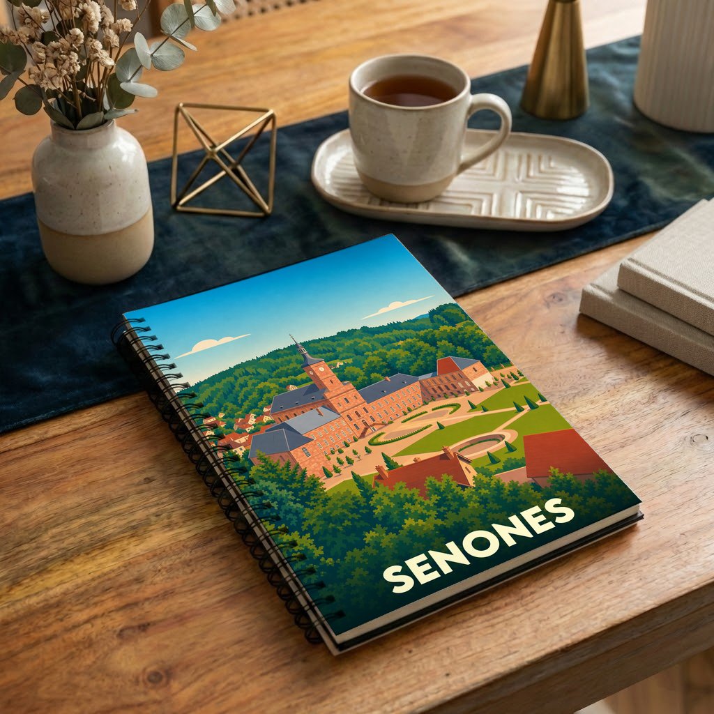 Carnet souvenir de la ville de Senones orné d'une illustration stylisée de son patrimoine architectural.