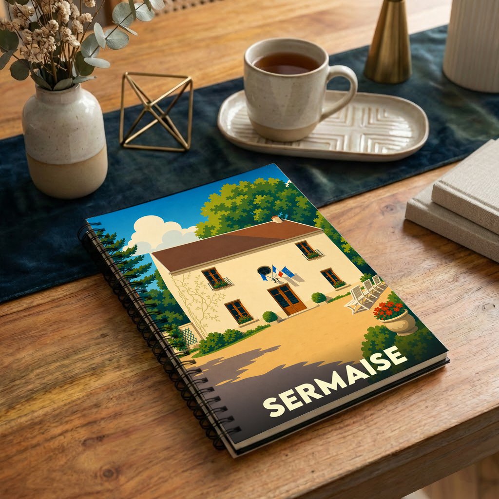 Carnet à spirales souvenir de la ville de Sermaise avec une illustration stylisée d'une maison de ville française.
