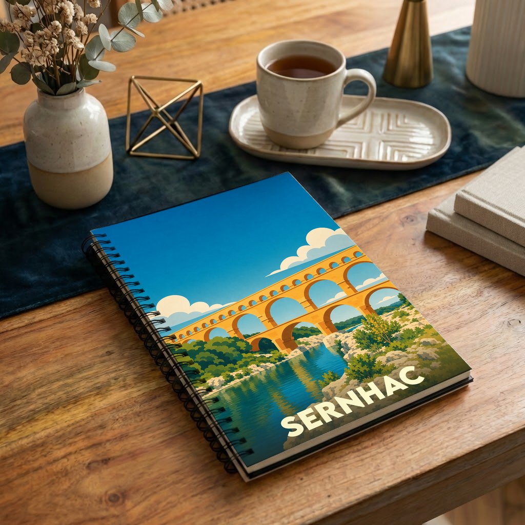 Carnet à spirales souvenir de la ville de Sernhac avec une illustration stylisée du Pont du Gard.